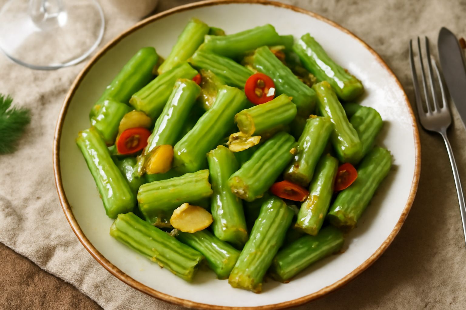 Sedano ripassato dorato nel piatto, gambi tagliati a pezzi, con olio lucido, aglio tostato e peperoncino rosso visibile, su fondo bianco