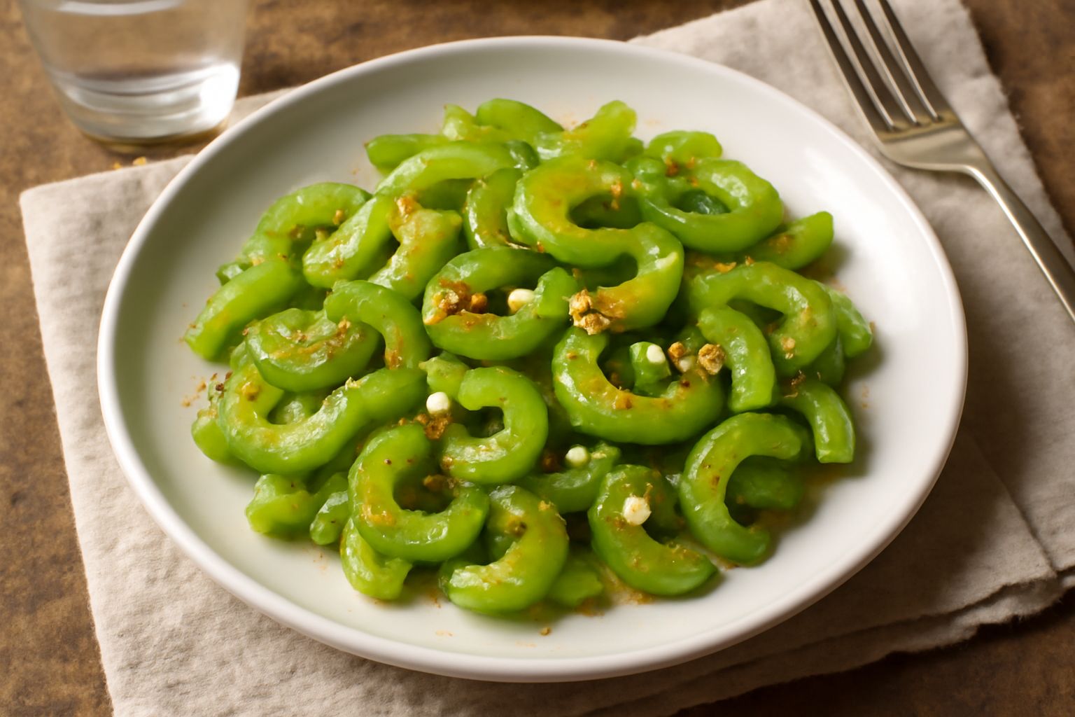 Sedano affettato a julienne tostato in padella di ferro con aglio dorato, colore verde brillante, servito in piatto bianco, vapore leggero, olio oliva lucido