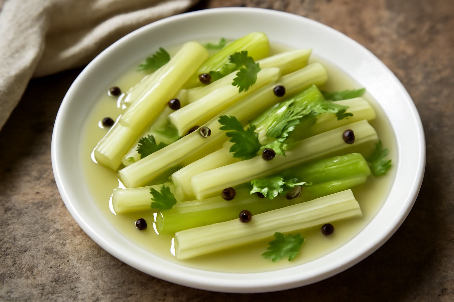 Barattolo di vetro trasparente con bastoncini di sedalo bianco-verde immersi in liquido limpido e acido, con chicchi di pepe nero visibili e foglie di sedano in superficie