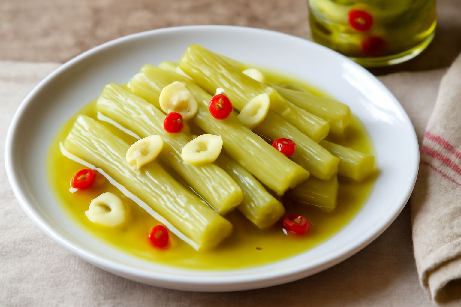 Barattolo di vetro con sedano tagliato a stecche coperto d'olio trasparente, colore bianco e verde pallido, fette di aglio visibili tra i pezzi, su sfondo neutro