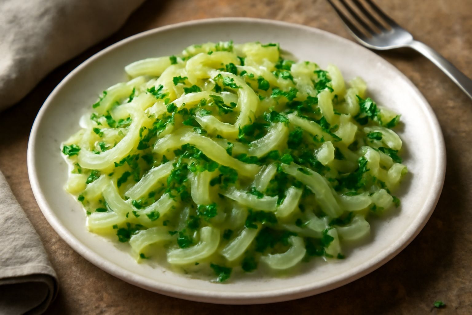 Sedano trifolato in un piatto bianco, striscioline di sedano crudo-tenero di colore verde chiaro e bianco, aglio sminuzzato visibile, prezzemolo verde sopra, olio luccicante, su superficie di legno na