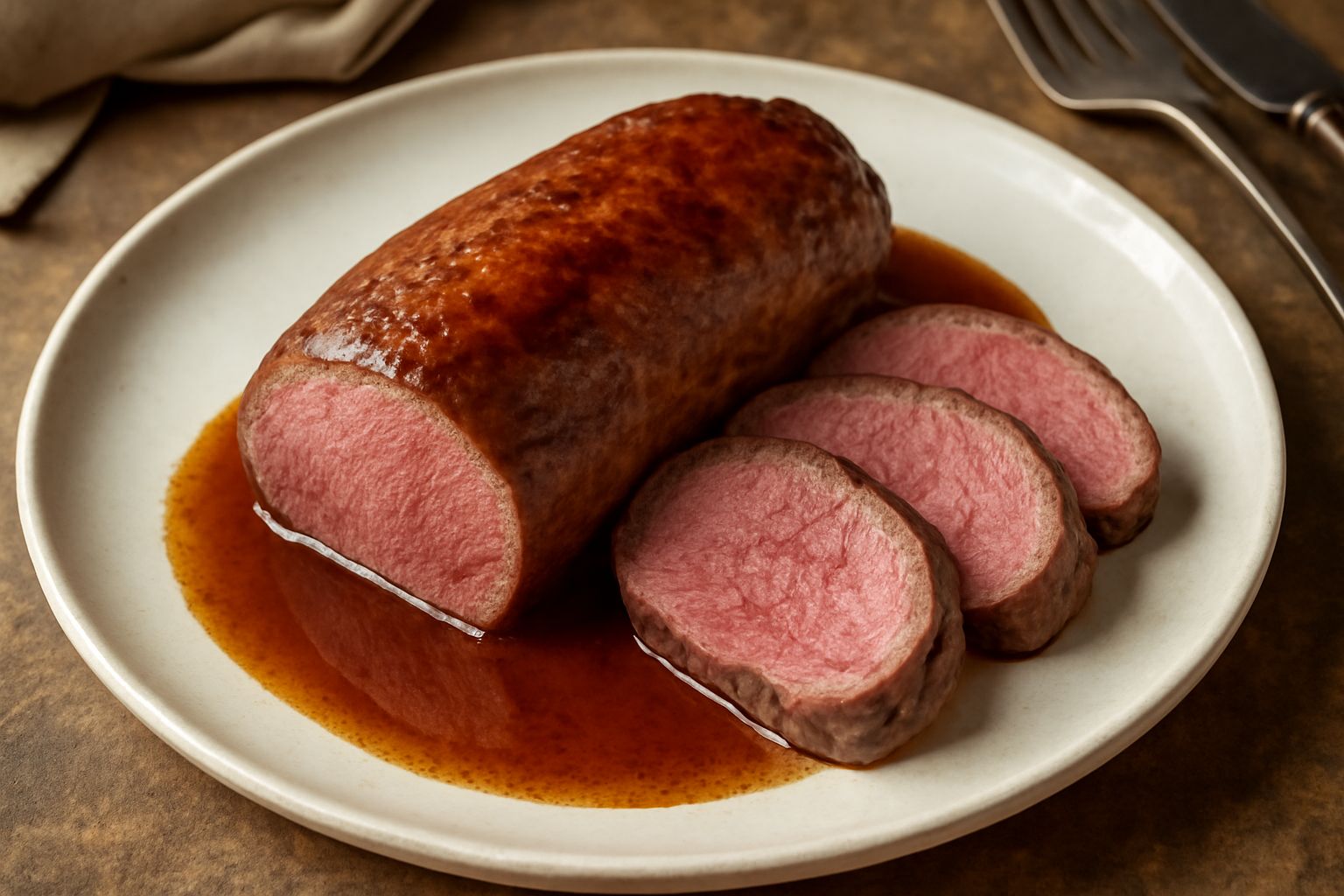 Sella di capriolo arrosto dorata caramellata in un piatto bianco, affettata mostrando la carne rosata internamente, circondata da verdure arrostite e erbe aromatiche fresche
