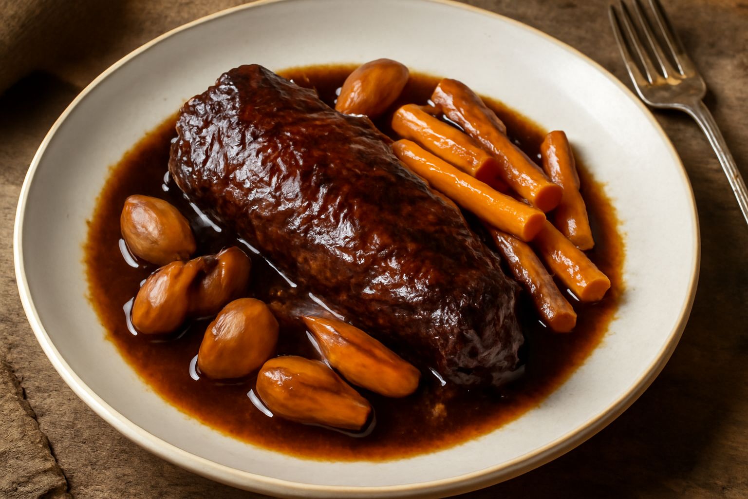 Sella di lepre brasata nel tegame, con crosta marrone dorata, circondata da cipolle, carote e sedano affogati nel sugo di vino rosso scuro e denso