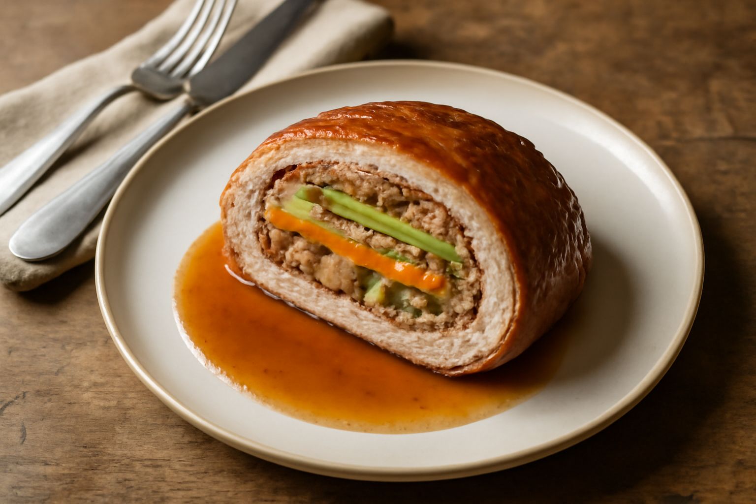 Sella di vitello ripiena affettata, con farcia visibile composta da verdure e carne macinata, disposta su piatto bianco, contornata da rosmarino fresco e succo di cottura ambrato