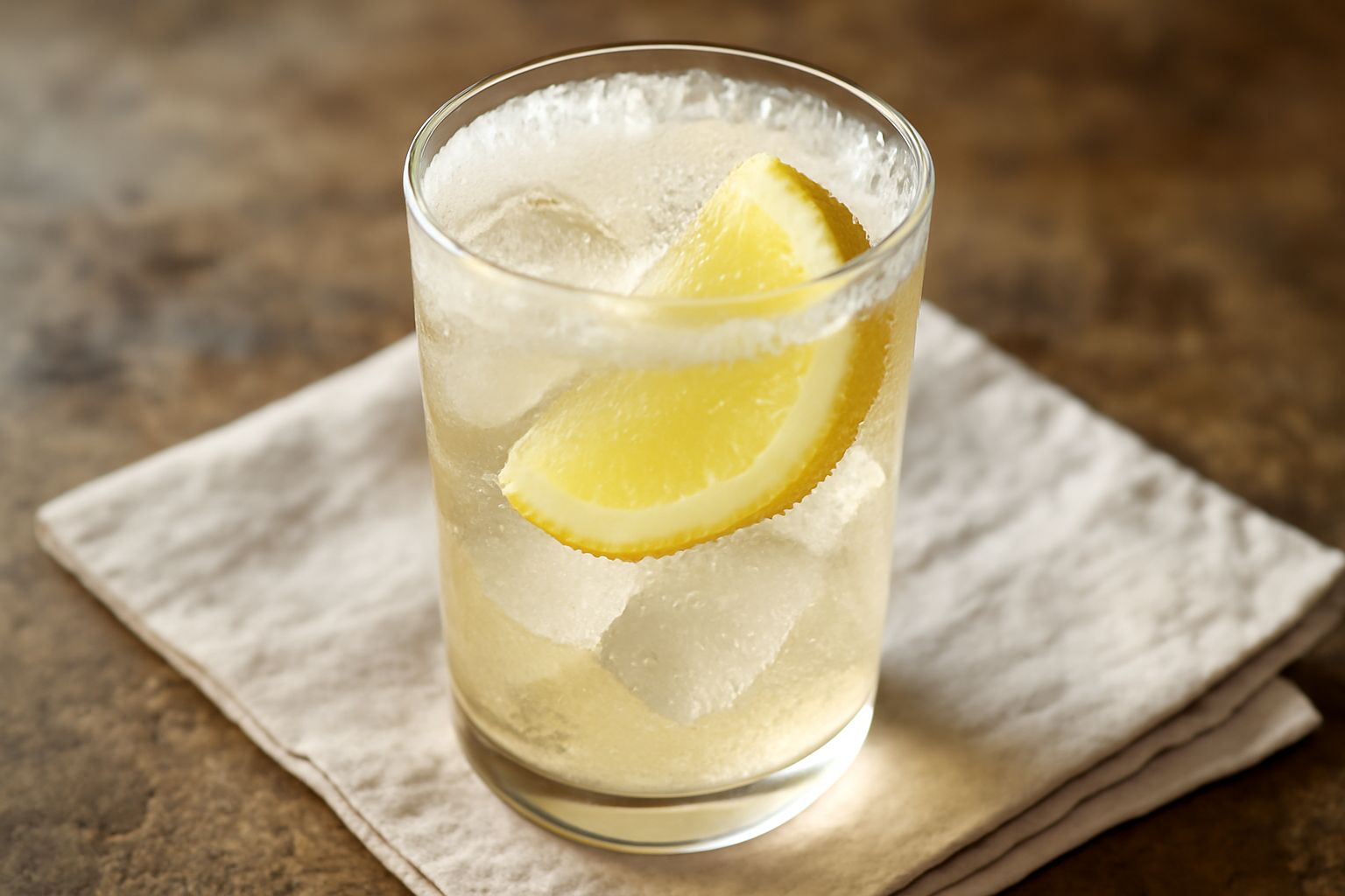 Un bicchiere trasparente pieno di acqua frizzante con fettine di limone galleggianti, ghiaccio, e bollicine visibili risalire verso la superficie in una cucina luminosa