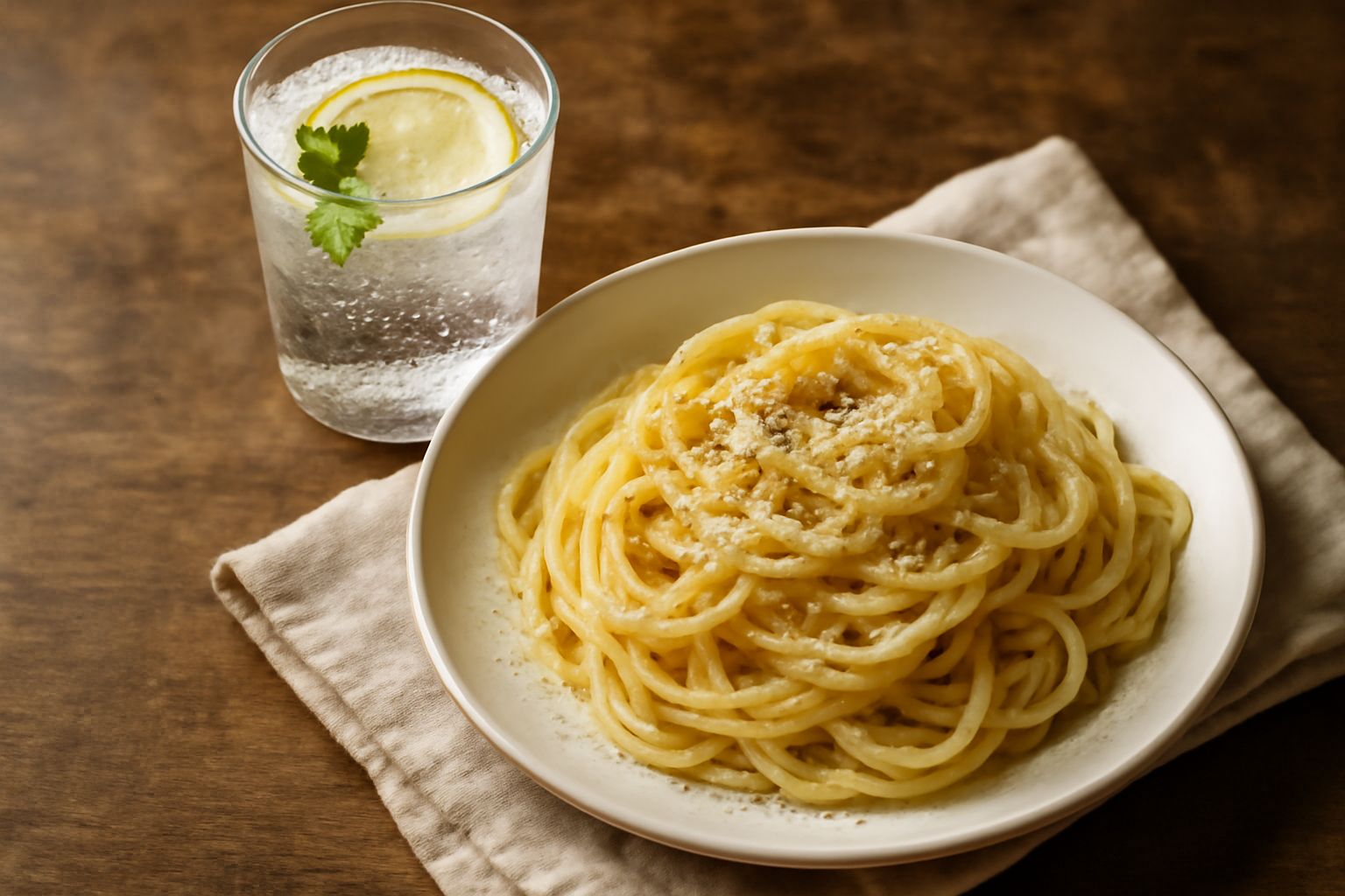 Bicchiere trasparente di seltzerata con bolle visibili, fetta di limone fresco sul bordo, acqua cristallina e effervescenza