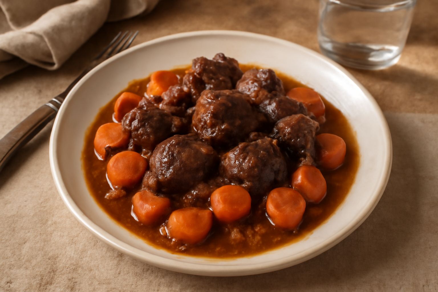 Umido di selvaggina servito in piatto fondo di ceramica bianca: bocconi di carne scura con salsa marrone ricca, carote tagliate, sedano e cipolla morbida, guarnito con prezzemolo fresco, contorno di p