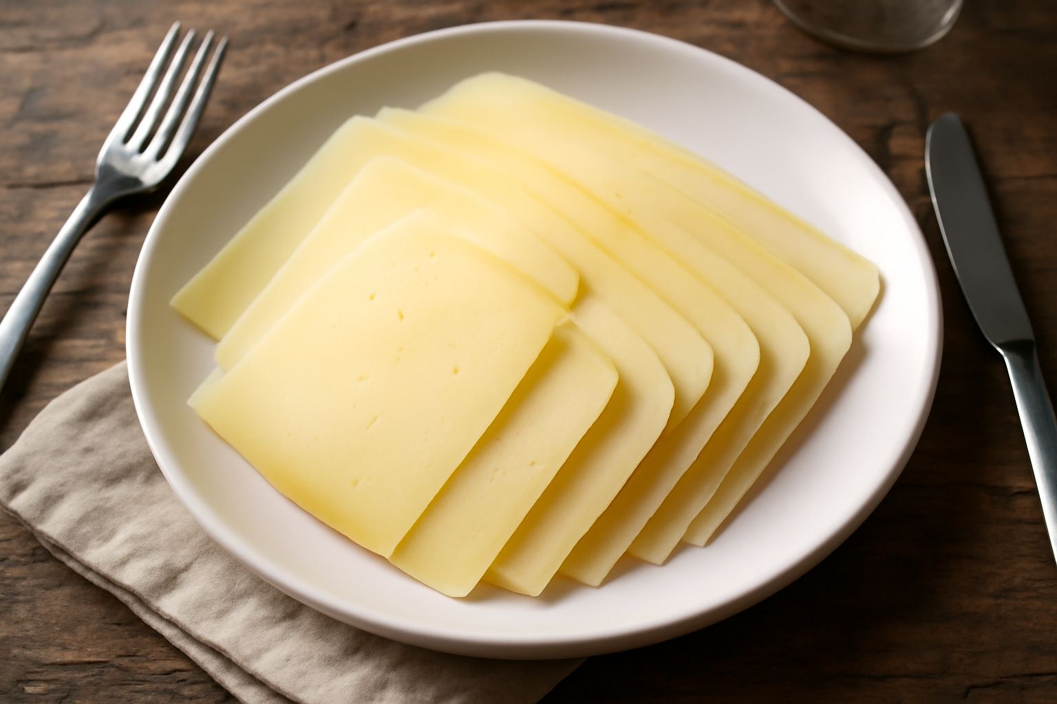 Blocco di formaggio Semidano di colore giallo paglierino, con superficie regolare, affettato in fette di medio spessore poste su un tagliere di legno chiaro, con sfondo neutro che mette in risalto la 