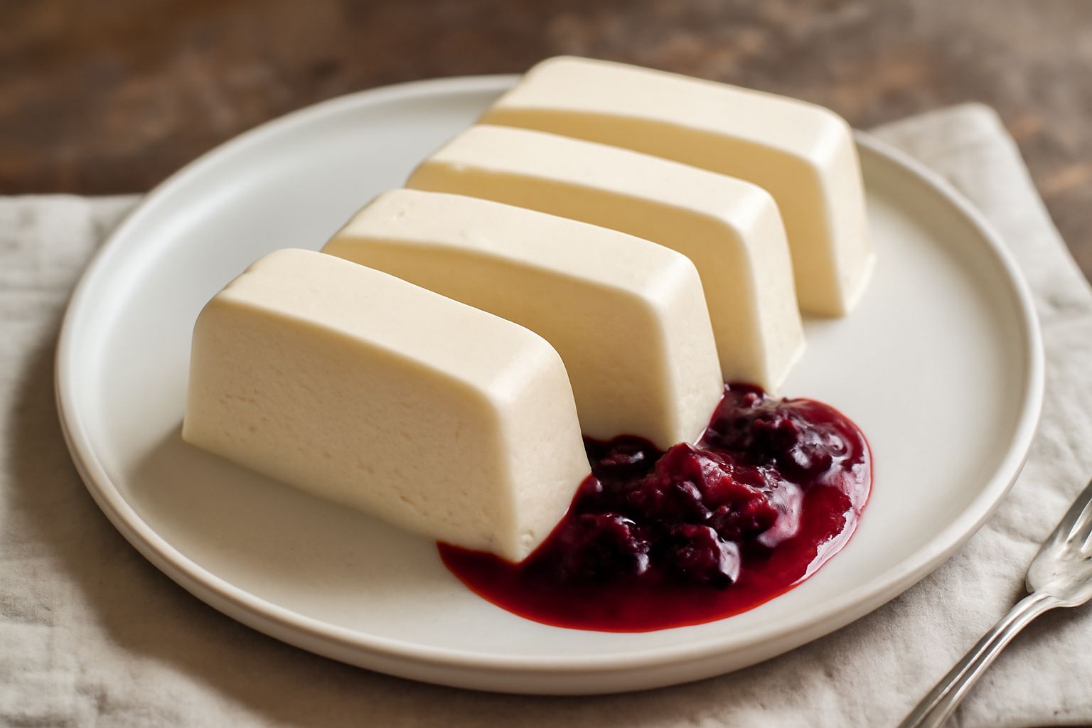 Semifreddo affettato in piatto bianco, di colore crema con venature color nocciola, surface liscio e brillante, accompagnato da una goccia di coulis di lampone rosso vivo e una foglia di menta verde