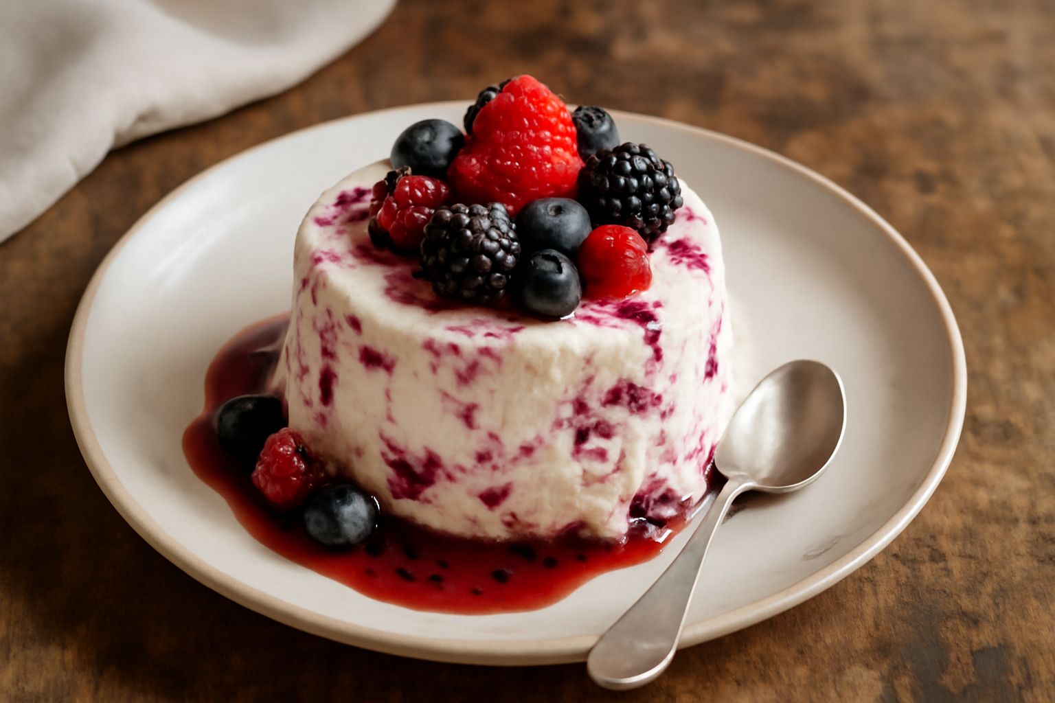 Semifreddo ai frutti di bosco servito in bicchiere trasparente con strati di crema bianca e frutti rossi, lamponi e mirtilli in cima, sottofondo bianco