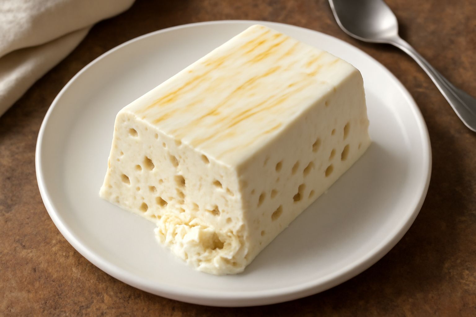 Un semifreddo al torrone affettato in una ciotola bianca, con strati di crema panna montata color avorio e frammenti dorati di torrone visibili nella sezione, guarnito con nocciole intere e un filo di