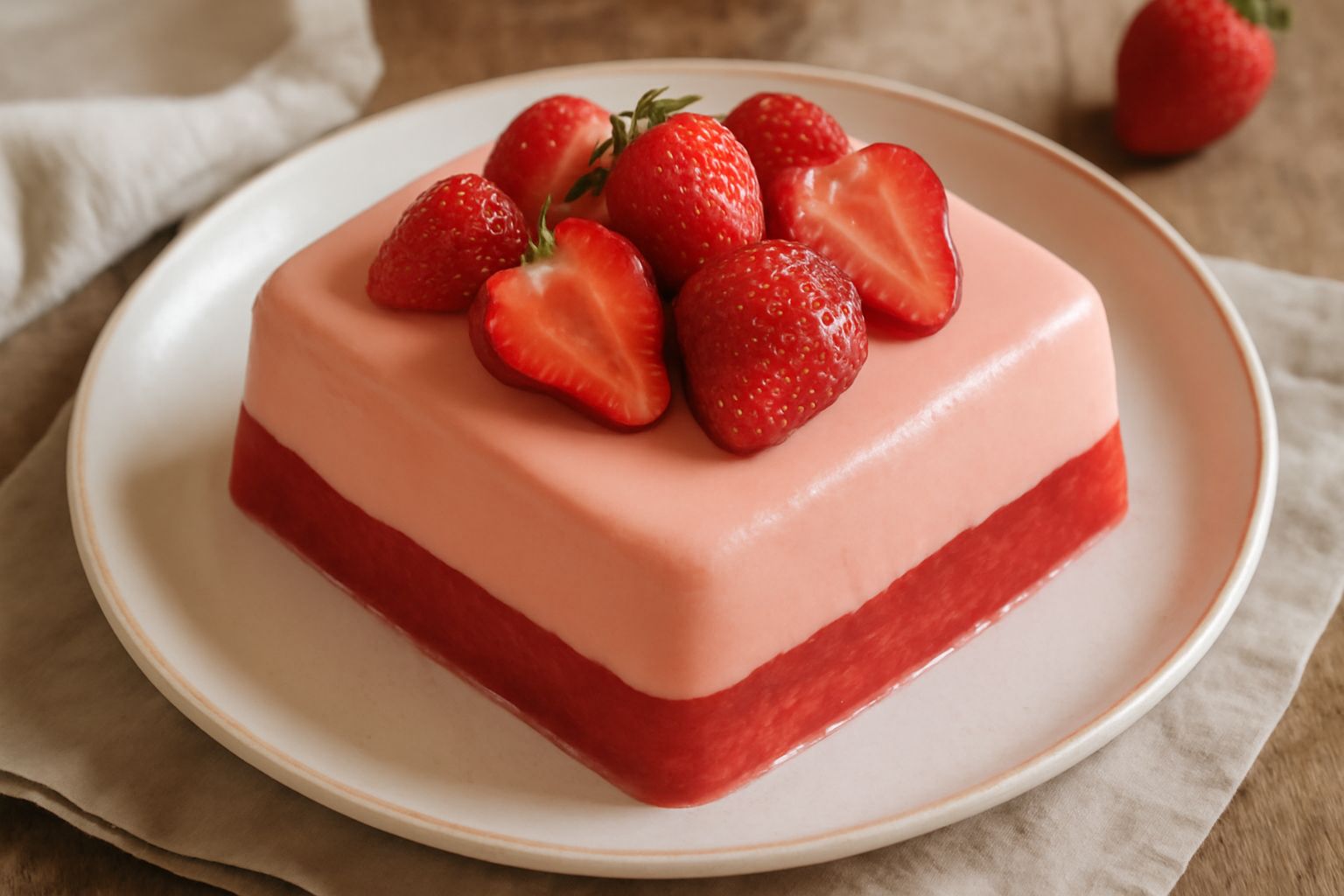 Semifreddo alle fragole affettato su un piatto bianco, strati alternati di cremoso mascarpone e polpa di fragola rossa, guarnito con fragole fresche intere e foglie di menta verde