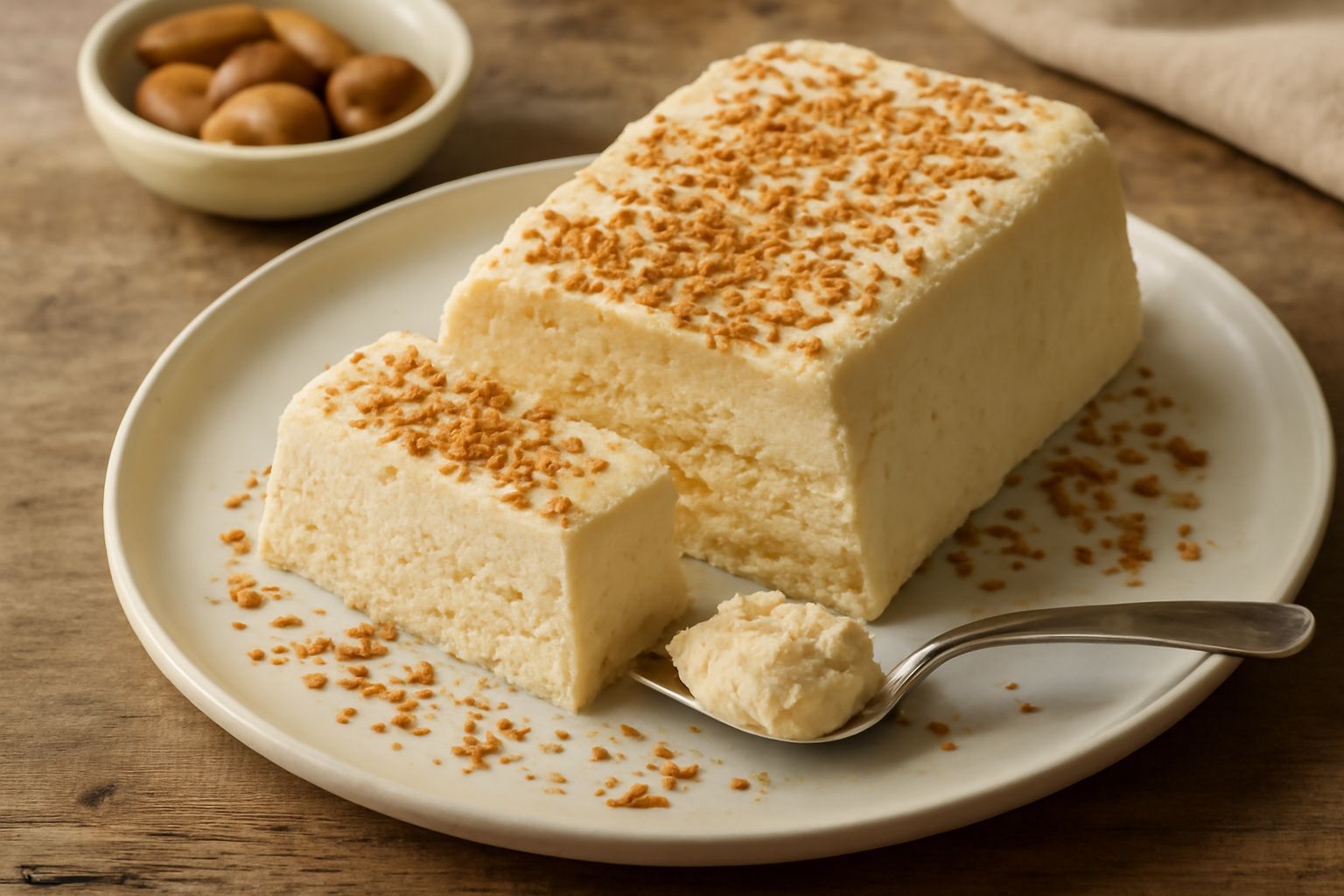 Semifreddo alle mandorle affettato nel piatto, con superficie color crema, spolvero di mandorle tritate tostate sulla parte superiore, interno stratificato, contorno di salsa ai frutti di bosco legger
