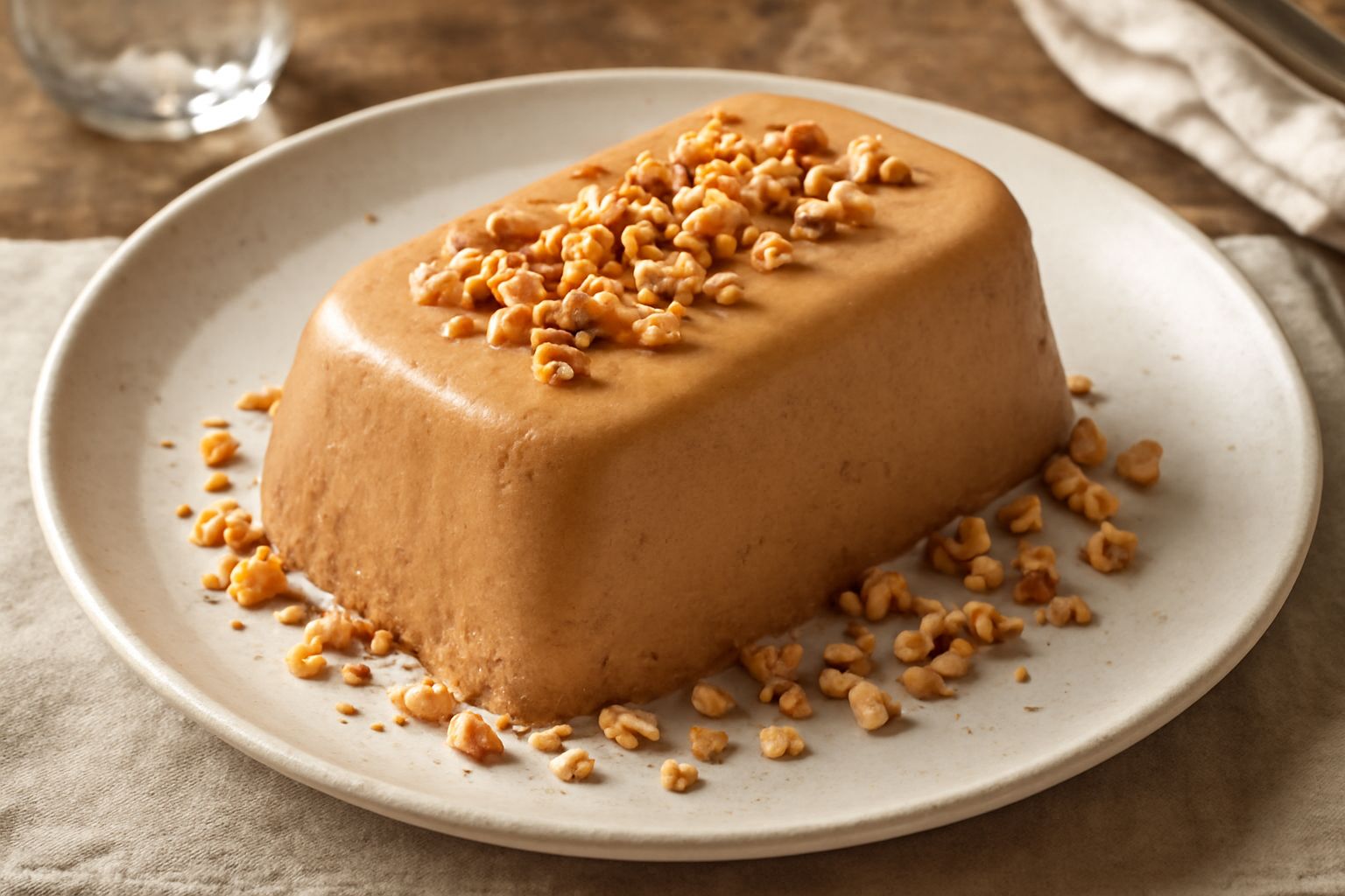 Semifreddo alle nocciole sformato su piatto bianco, colore nocciola intenso, superficie liscia con una leggera ondulazione, guarnizione di nocciole intere tostate ai lati e fettina sottile di cioccola