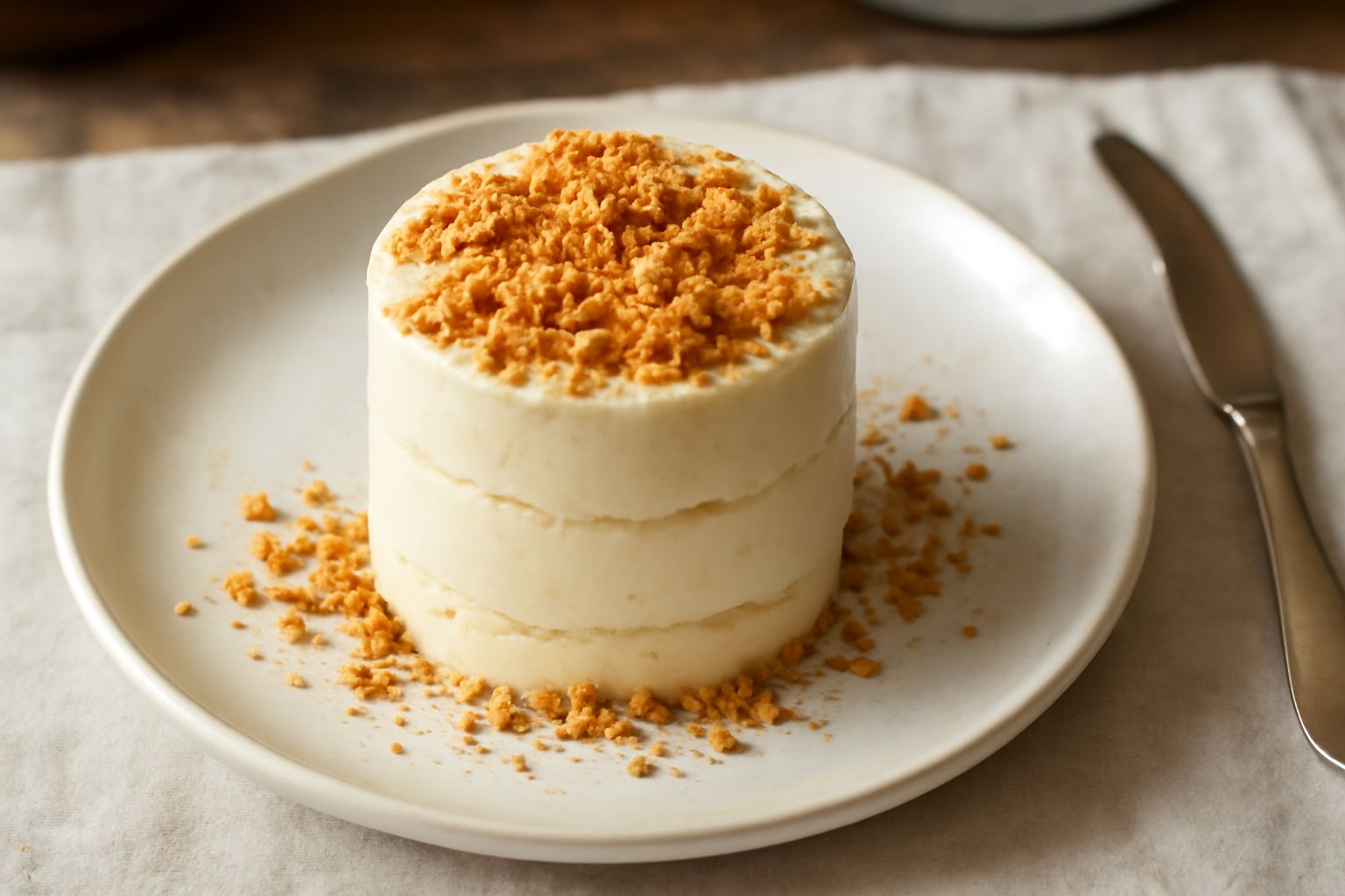 Semifreddo aquilano servito in un bicchiere trasparente, strati bianchi di crema densa, guarnito con granelle di amaretto dorato sbriciolato sulla superficie