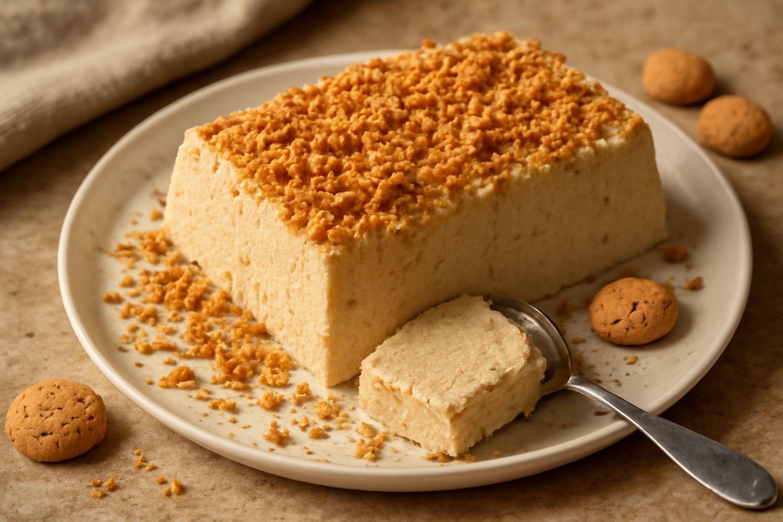 Semifreddo di amaretti a fette su piatto bianco, con crosta dorata di briciole di amaretti, contorno di crema bianca, guarnito con una mandorla intera e ricopertura marrone chiaro uniforme