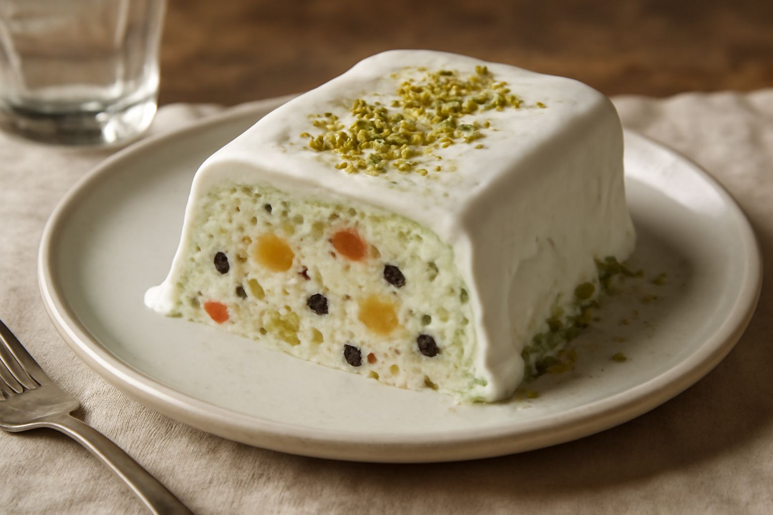 Semifreddo di cassata affettato su piatto bianco, mostra strati di crema bianca cremosa con venature verdi e pezzi di frutta candita, guarnito con pistacchio tritato e glassa reale bianca sul bordo