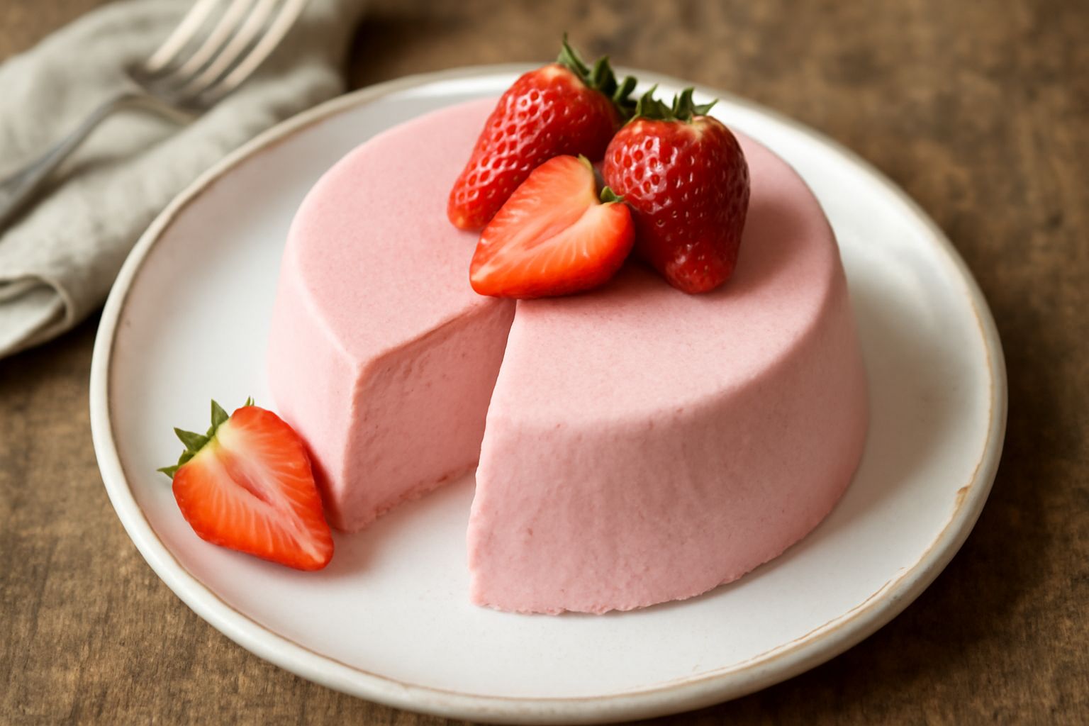 Semifreddo di fragola a fette su un piatto bianco, con superficie cremosa e rosa pallido, guarnito con fragole fresche intere e foglie di menta verde