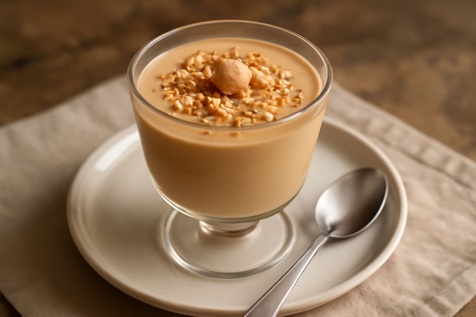 Semifreddo di nocciola in coppa trasparente, color beige dorato, cremoso e compatto, guarnito con granella di nocciole tostate croccanti e qualche nocciola intera, con cucchiaio posato accanto