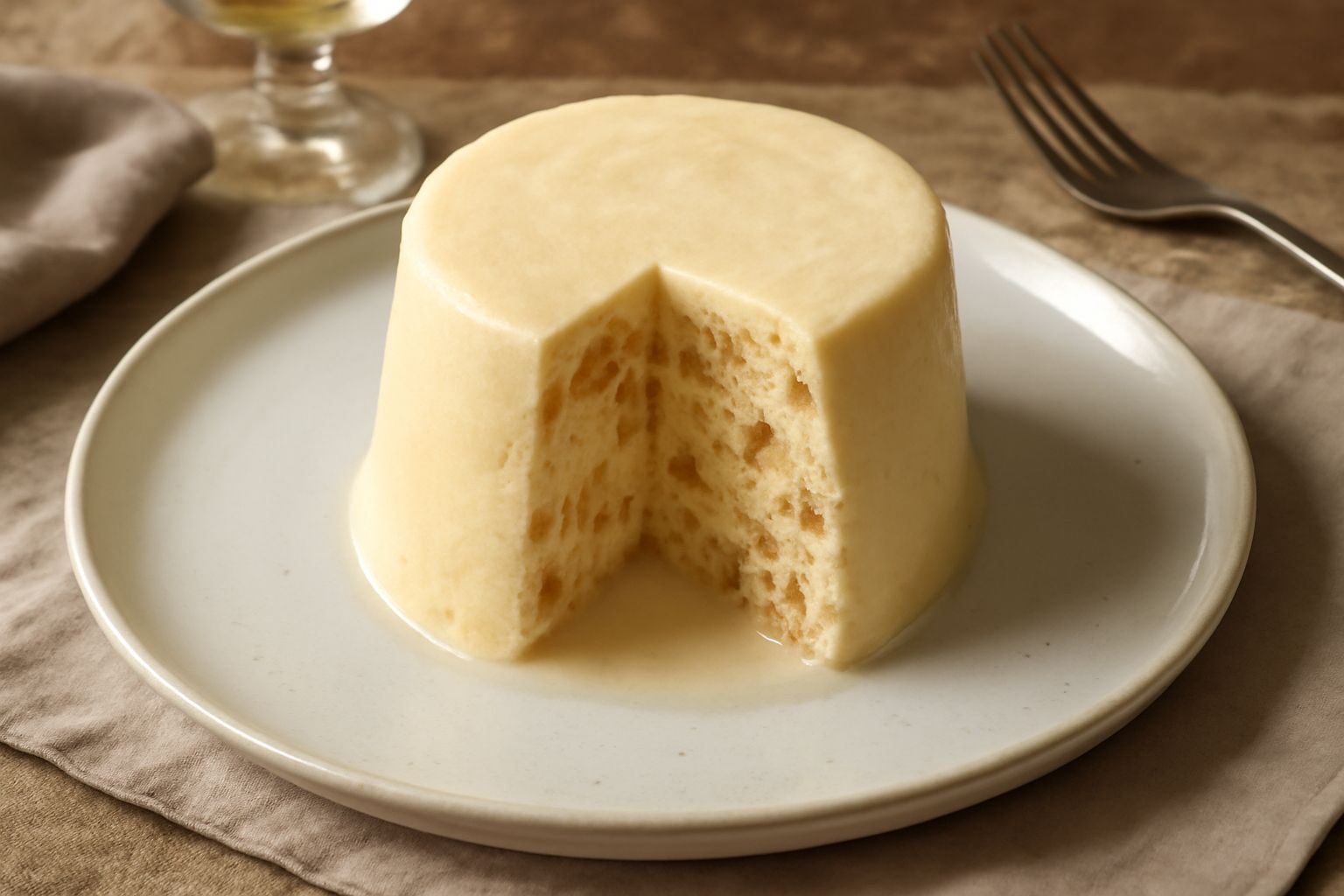 Semifreddo di panettone affettato su piatto bianco, superficie cremosa color champagne con striature di panettone dorato, guarnito con frutta candita rossa e foglia di menta fresca