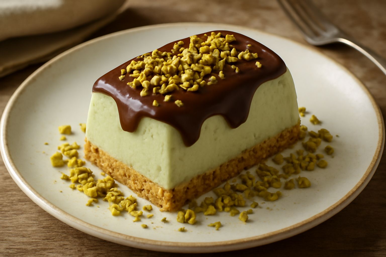 Semifreddo di pistacchio affettato su piatto bianco, mostrando strati di crema verde salvia, panna montata bianca e una copertura di cioccolato fondente. Base di biscotto ai pistacchio visibile in sez