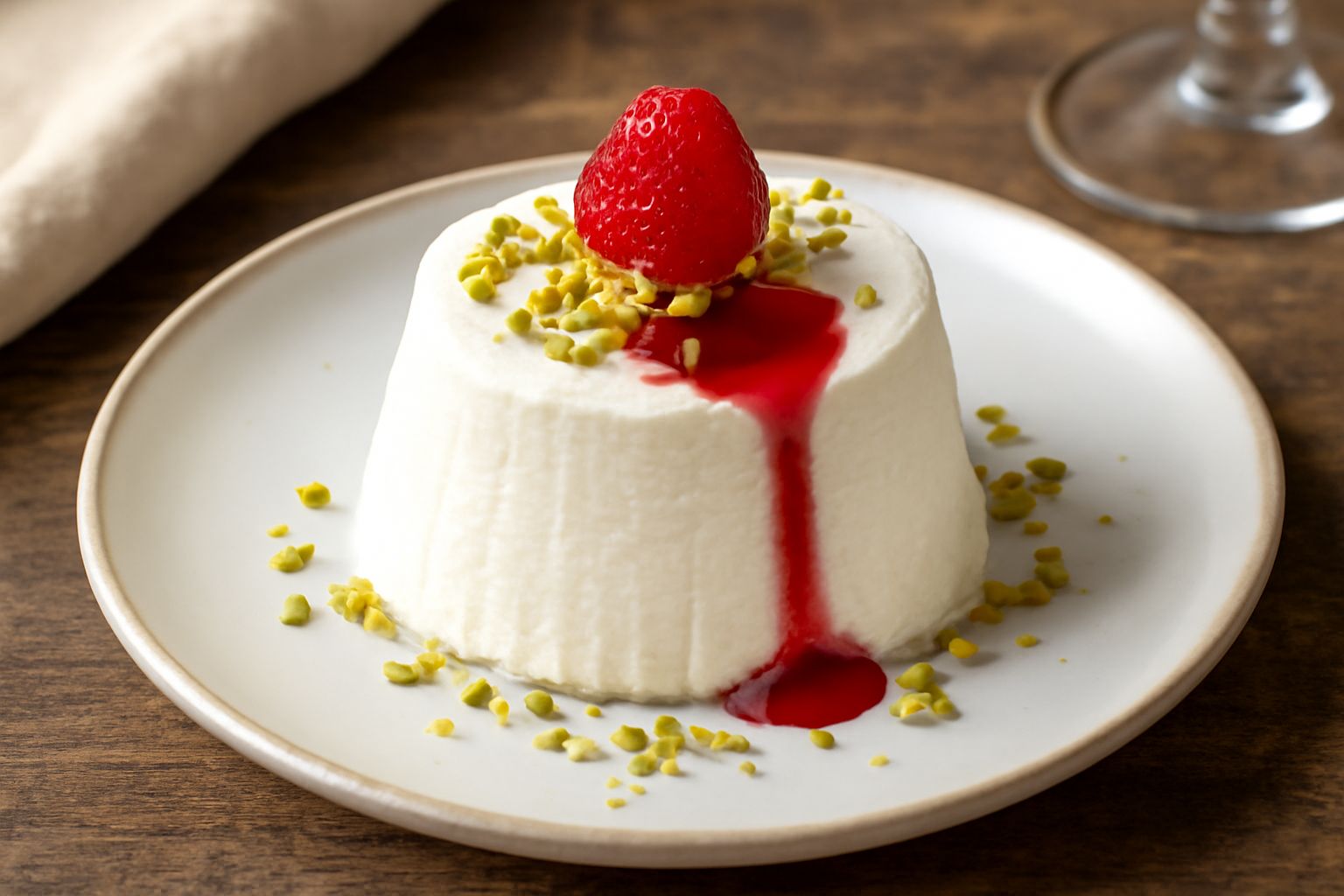 Semifreddo di ricotta porzionato in un bicchiere trasparente, strati bianchi cremosi di ricotta, frutta secca spolverata in superficie, cuore rosso di ciliegia fresca in cima, decorazione elegante su 