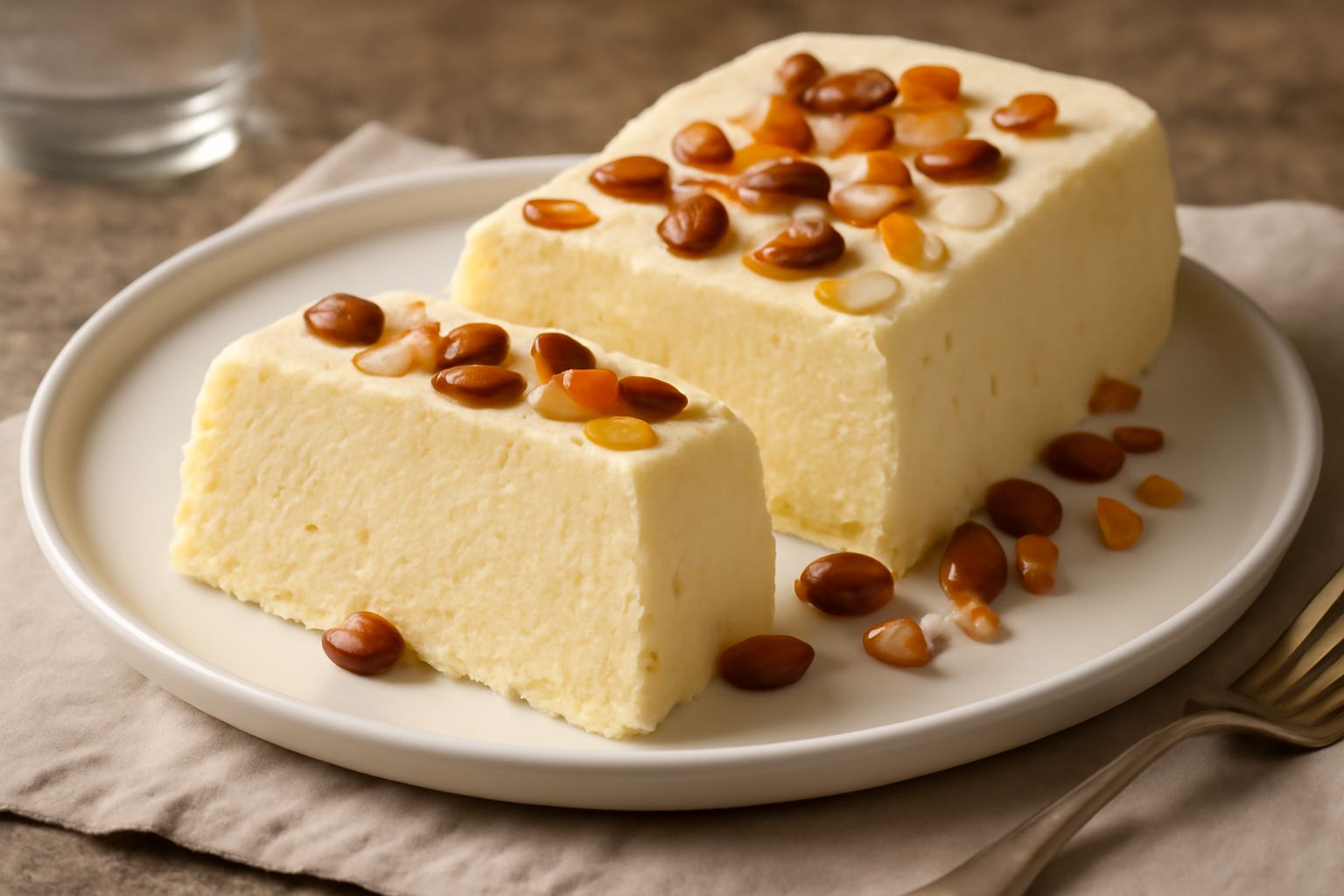 Semifreddo friulano a fette su piatto bianco, color crema con sfumature dorate, guarnito con mandorle tostate e canditi, base di biscottini