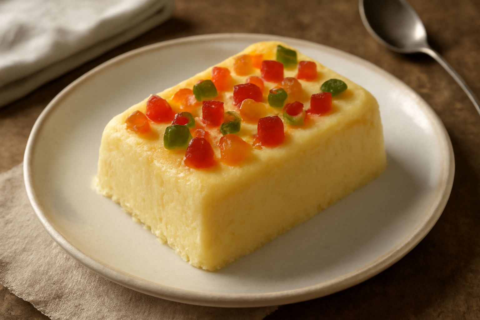 Semifreddo modenese affettato su piatto bianco, con interno cremoso color nocciola, decorato con frutta candita colorata in superficie e polverizzazione di cacao