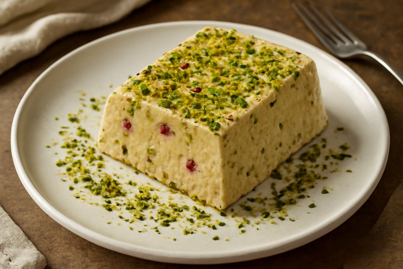 Semifreddo siciliano affettato e servito in piatto bianco, con superficie cremosa beige, decorato con pistacchio tritato verde e frutta candita rossa, accompagnato da una mezza fetta di arancia candit