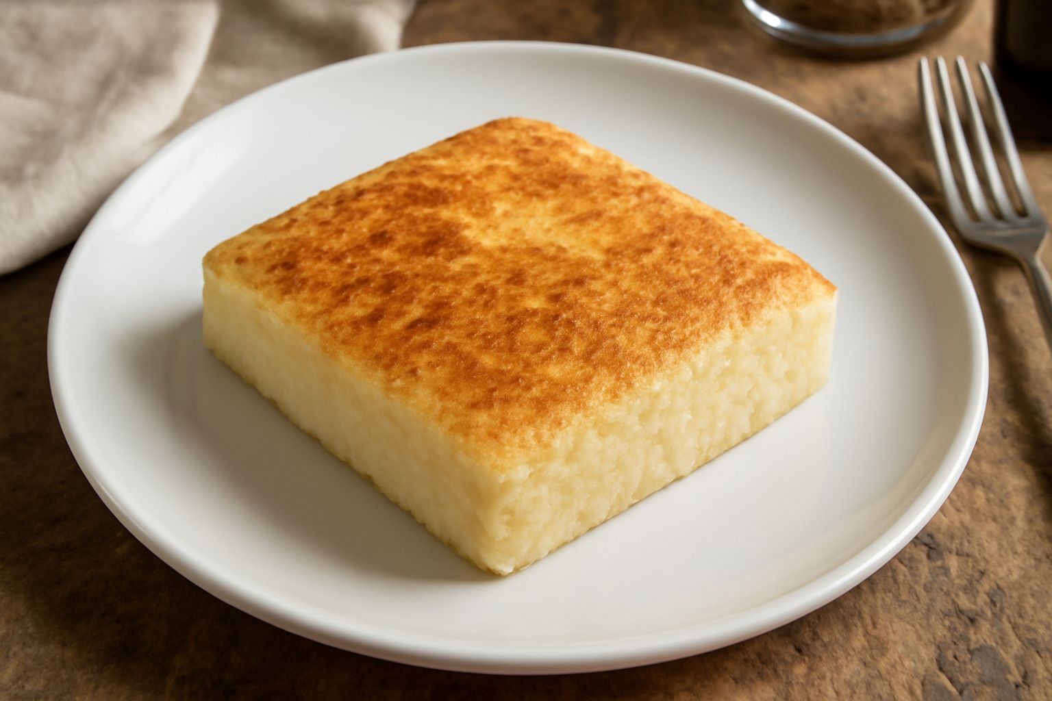 Una porzione di semolino al forno dorato e croccante in superficie, cremoso all'interno, con una leggera gratinatura di formaggio, servito in un piatto bianco con un contorno di verdure verdi