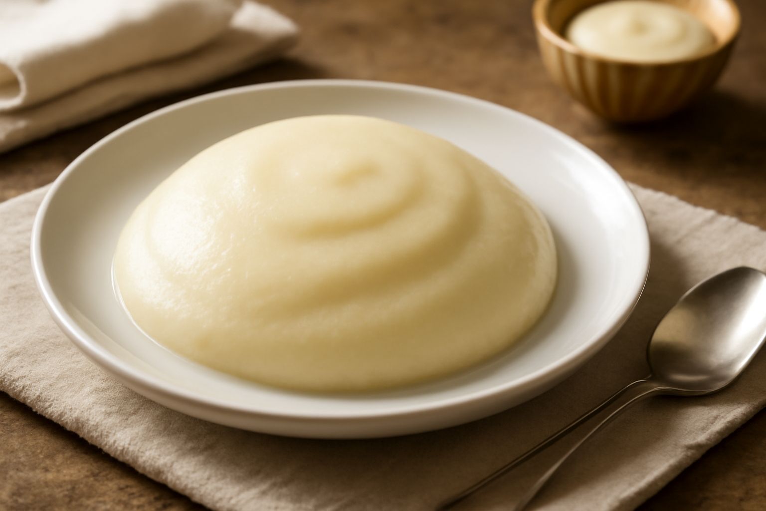Piatto bianco con semolino di ricotta dal colore bianco panna, superficie liscia e cremosa, guarnito con qualche goccia di miele chiaro sulla parte superiore, contorno netto e regolare