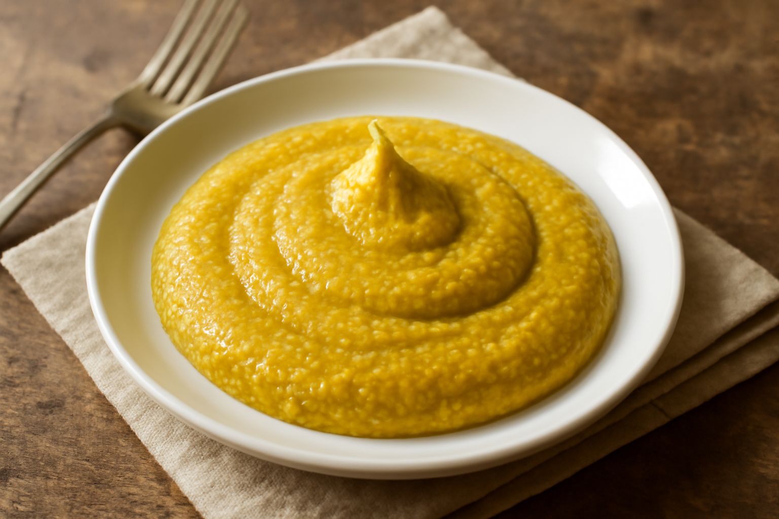 Senape di Aosta giallo dorato in una ciotola di ceramica bianca, con accanto semi di senape sparsi, su un piano di marmo grigio con uno sfondo di tessuto di lino beige