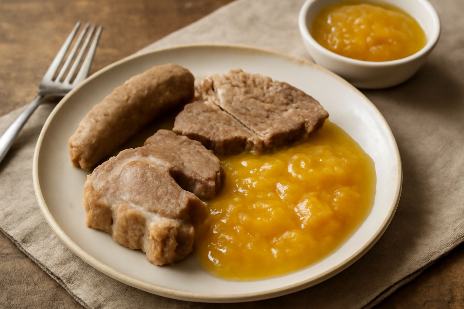 Senape di Cremona in una ciotola di vetro, con pezzi di frutta giallo-arancione immersi in un liquido ambrato, un cucchiaio di legno poggiato sul bordo, sfondo di legno chiaro