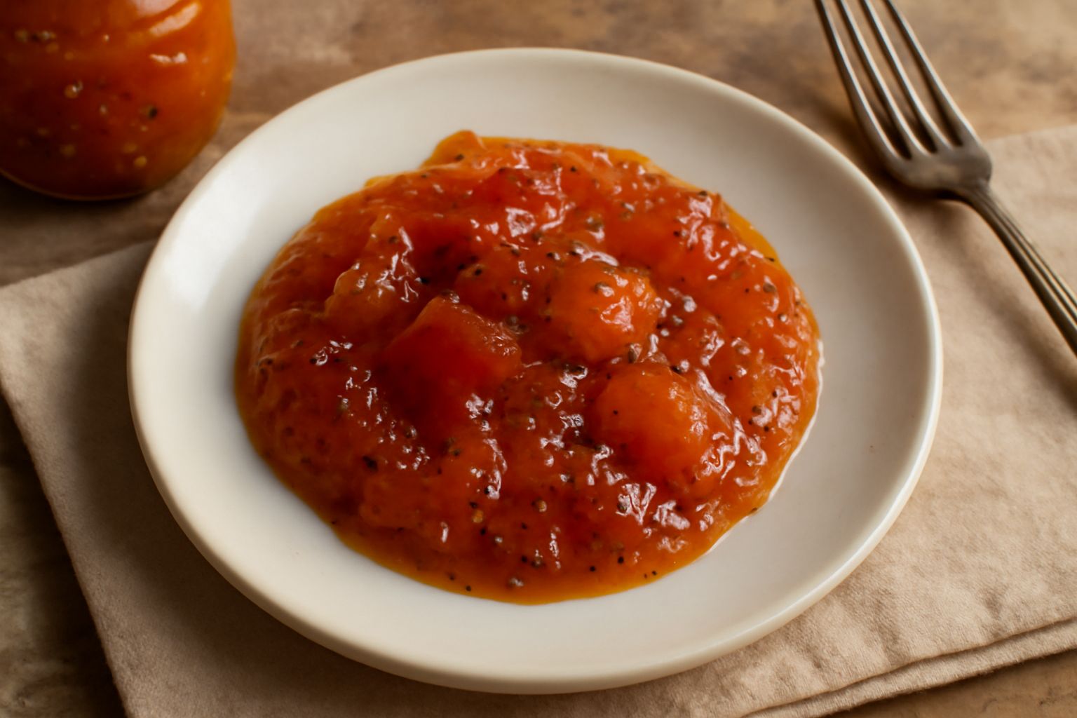 Un vasetto di vetro contenente senape di frutta di colore ambrato-rosso, con visibili pezzetti di frutta, accanto a fette di pane tostato, formaggi e prosciutto su un tagliere di legno