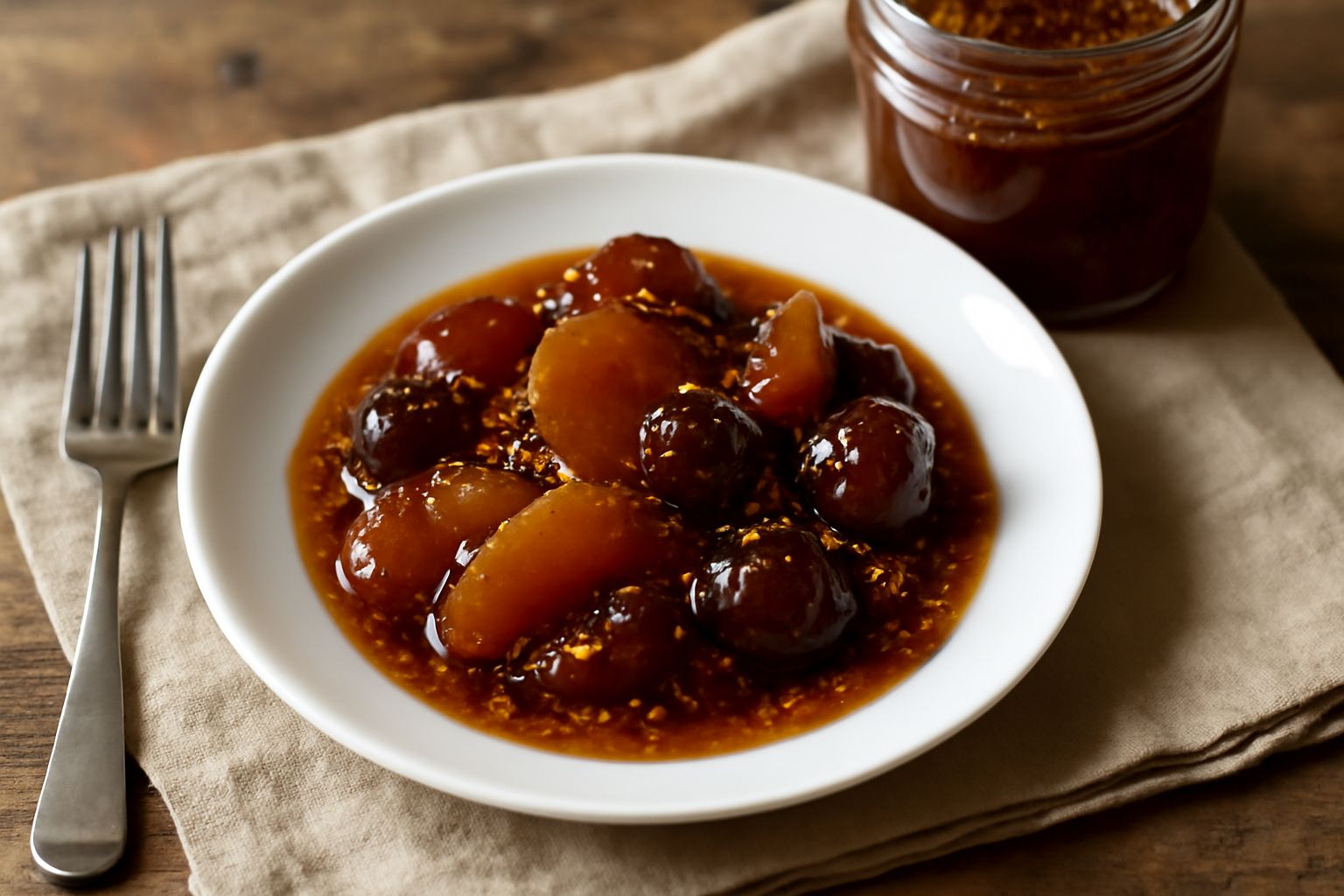 Vasetto di vetro trasparente con senape di frutta veneta, conserva densa dal colore ambrato scuro con pezzi di frutta visibili, coperto con carta pergamena arricciata e spago di canapa, su tavolo di l