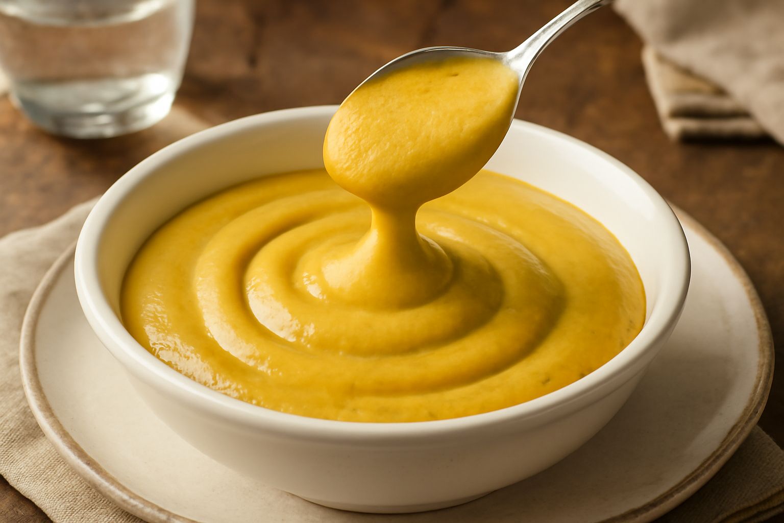 Senape dolce cremosa di colore giallo ocra in una ciotola di ceramica bianca, con tracce di mestolo in legno, contornata da semi di senape sparsi e un cucchiaio di miele dorato accanto