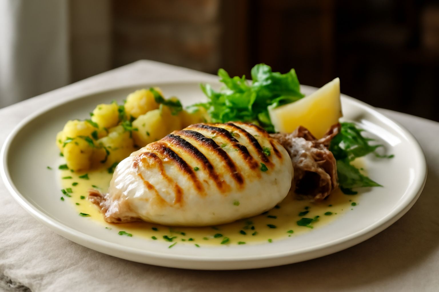 Seppia tagliata a pezzi e intera sulla griglia rovente, con macchie nere di cottura, limone fresco e prezzemolo verde in primo piano