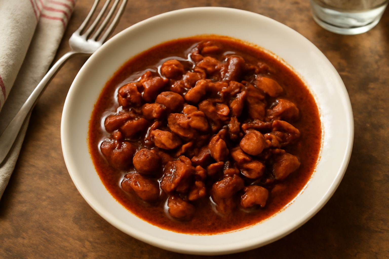 Piatto fondo bianco con seppia scura e morbida immersa in sugo rosso di pomodoro, guarnito con prezzemolo fresco e accompagnato da riso bianco cremoso