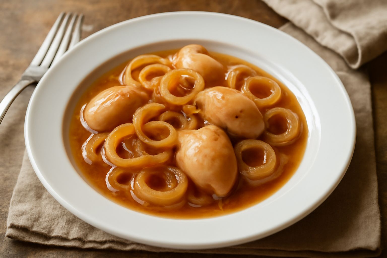 Un piatto di ceramica bianca con seppia tenera di colore beige e rosato, circondata da cipolle bionde e traslucide, coperte di salsa ambrata e brillante. Spolvero di prezzemolo fresco verde scuro. Oli