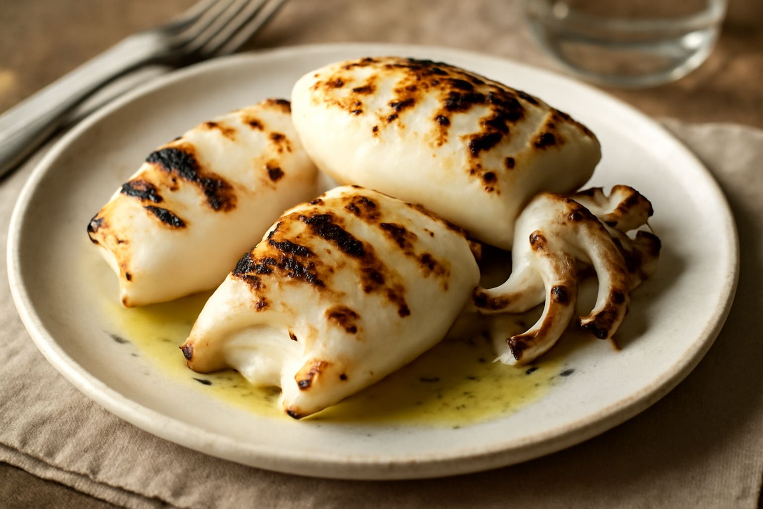 Seppia grigliata intera, dalla pelle bruciata ai bordi, disposta su piatto bianco con spicchi di limone fresco e prezzemolo tritato, contorno di olio d'oliva in filo sottile