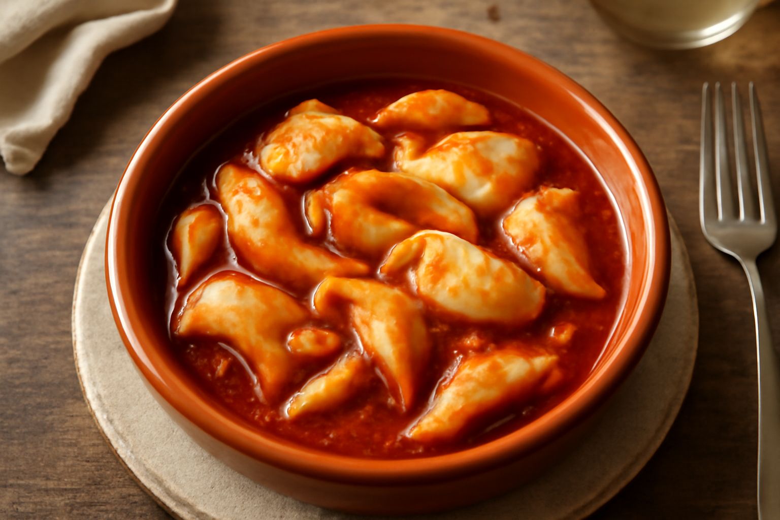 Seppia cotta in tegame, pezzi morbidi e rossi di sugo di pomodoro con aglio, prezzemolo fresco, servita in una pentola di terracotta scura con pane tostato a lato