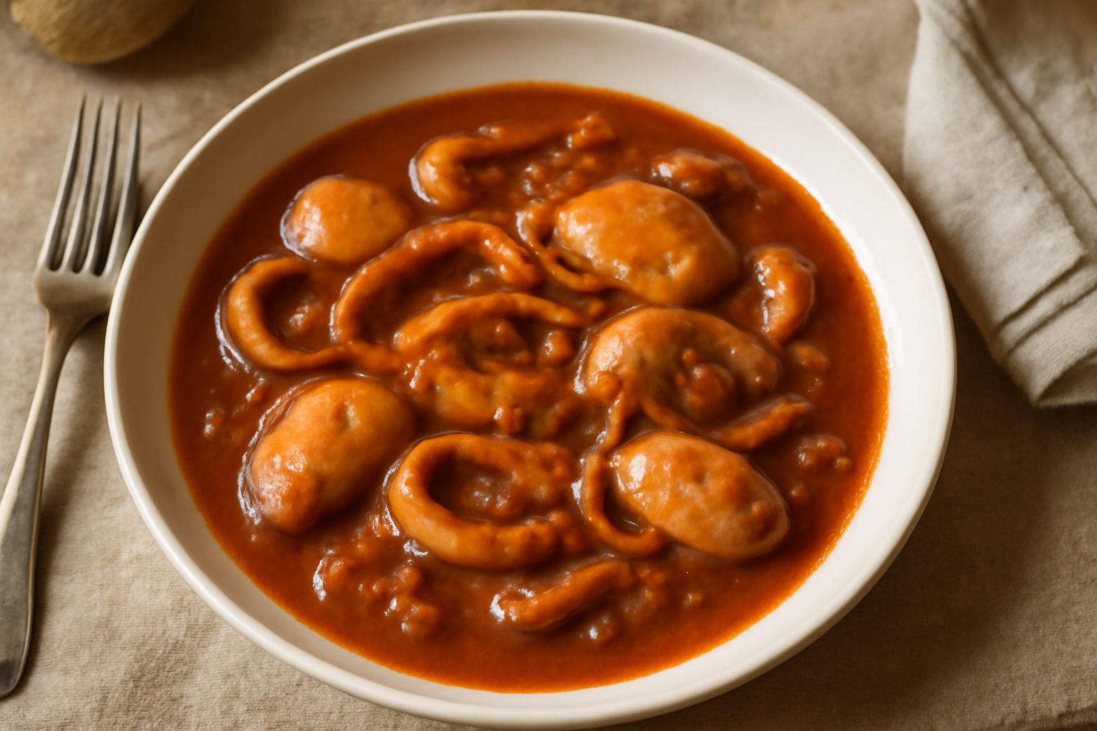 Seppia in umido in pentola di terracotta color marrone scuro, con pezzi morbidi di seppia immersi in sugo rosso denso di pomodoro, guarnizione di prezzemolo fresco e spicchi di aglio dorato visibili, 