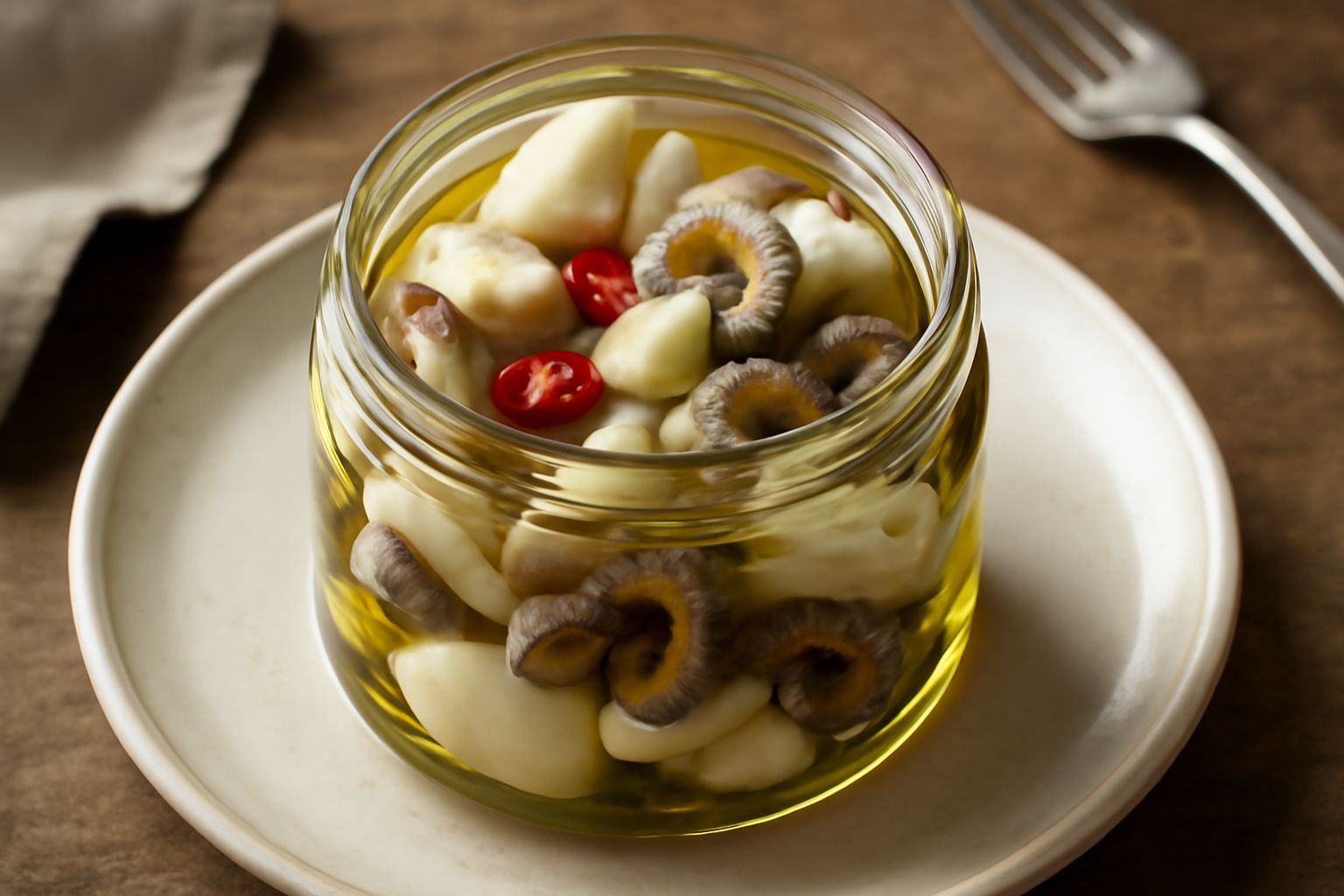 Vasetto di vetro trasparente con pezzi di seppia tenera in olio d'oliva trasparente, aglio schiacciato e peperoncino rosso visibili, fondo bianco in luce naturale