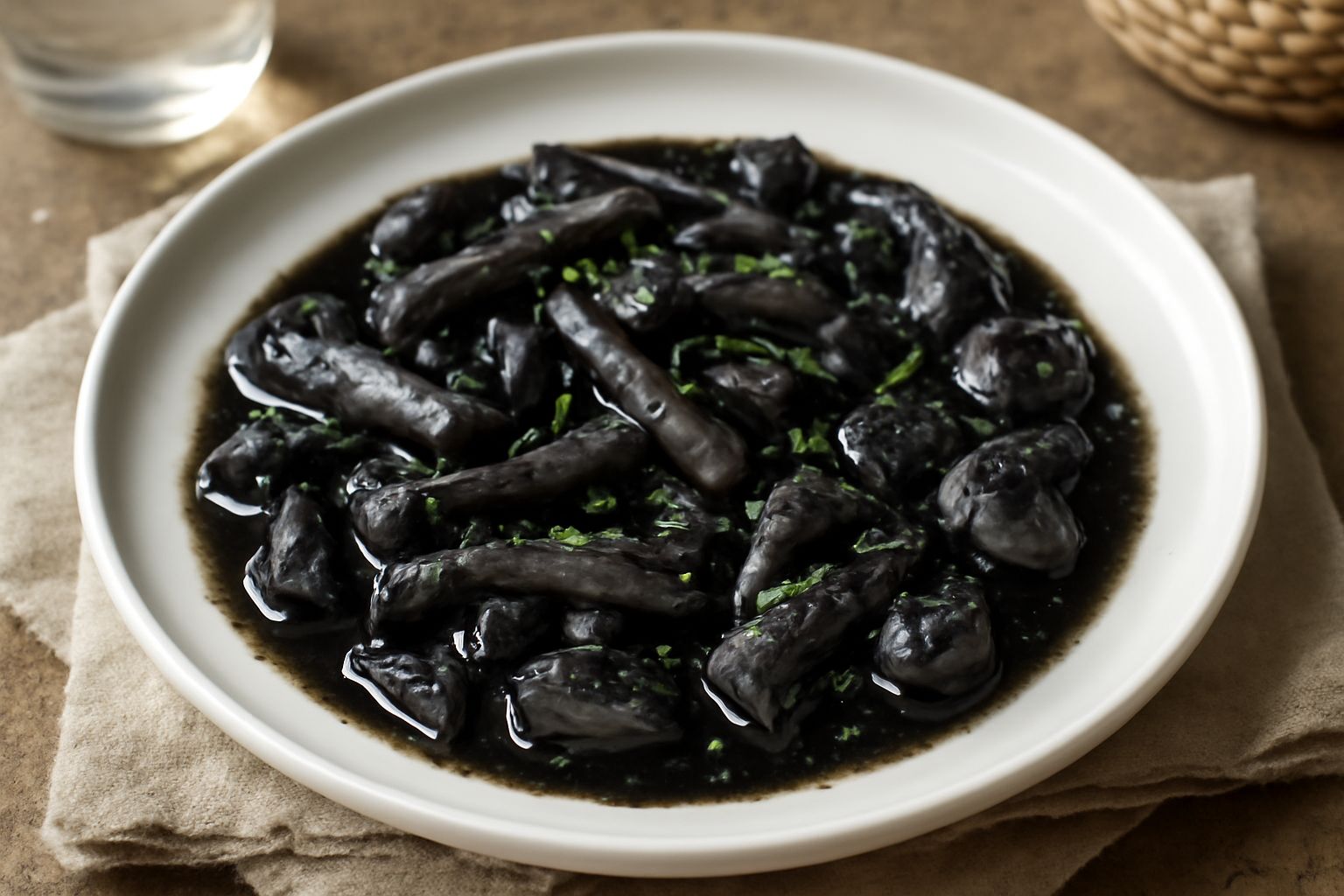 Seppie tagliate a strisce in un piatto bianco, coperte di salsa nera lucida, con gocce di olio extravergine e fettine di limone giallo, erba cipollina verde sparse in superficie.