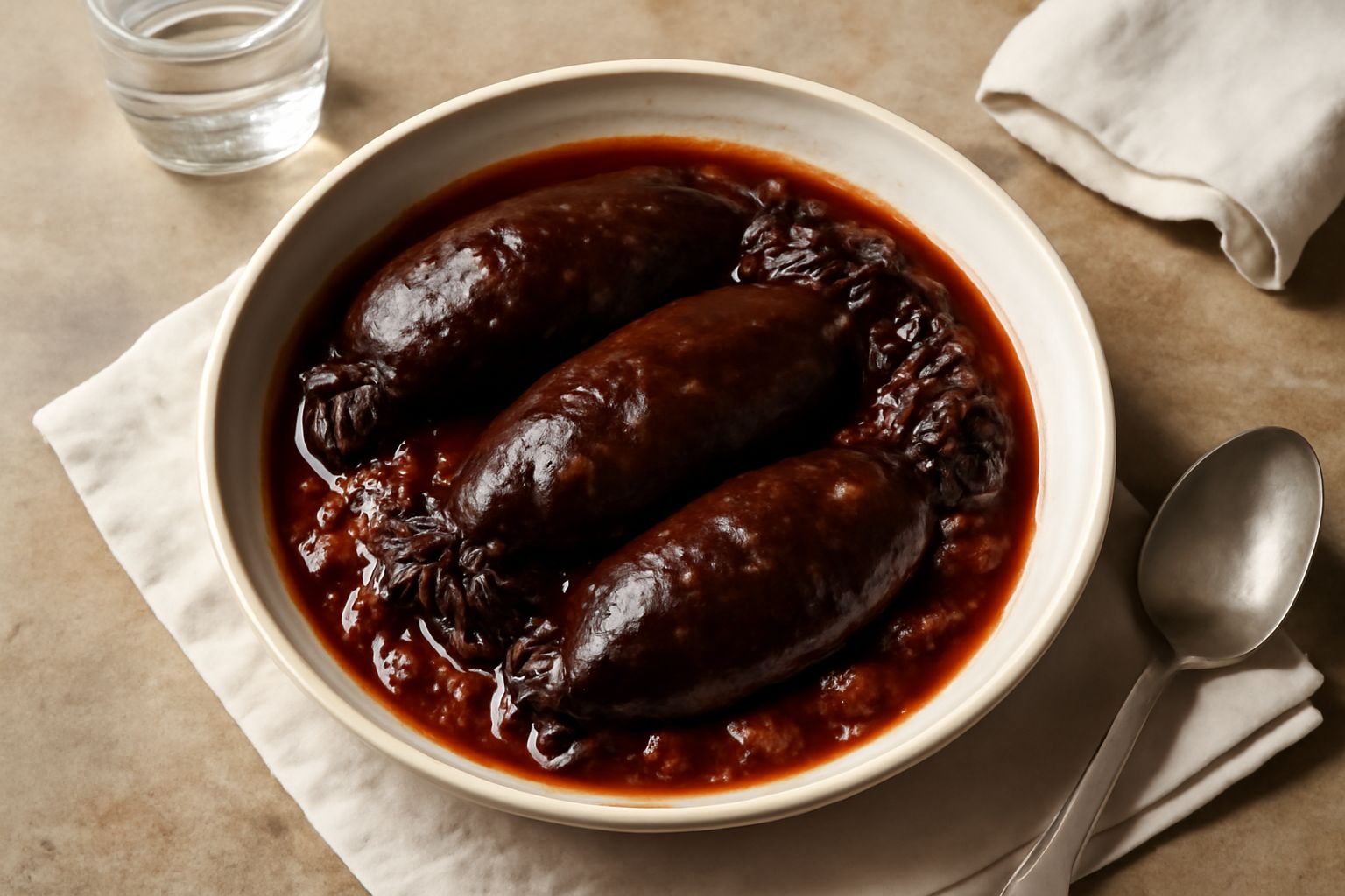 Seppie intere di colore marrone scuro su un piatto bianco, coperte di salsa di pomodoro e vino, con aglio e prezzemolo verde sparsi sopra