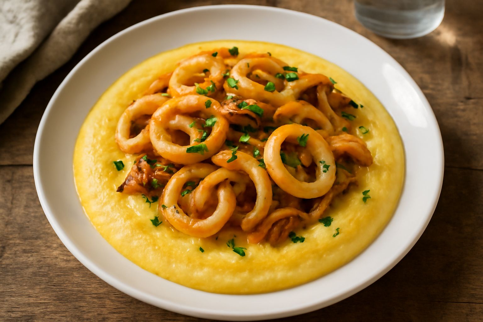 Piatto di seppie ritagliate in anelli di colore grigio-violastro adagiate su un letto di polenta cremosa gialla, guarnite con prezzemolo fresco verde e gocce di olio extravergine, accompagnate da un c