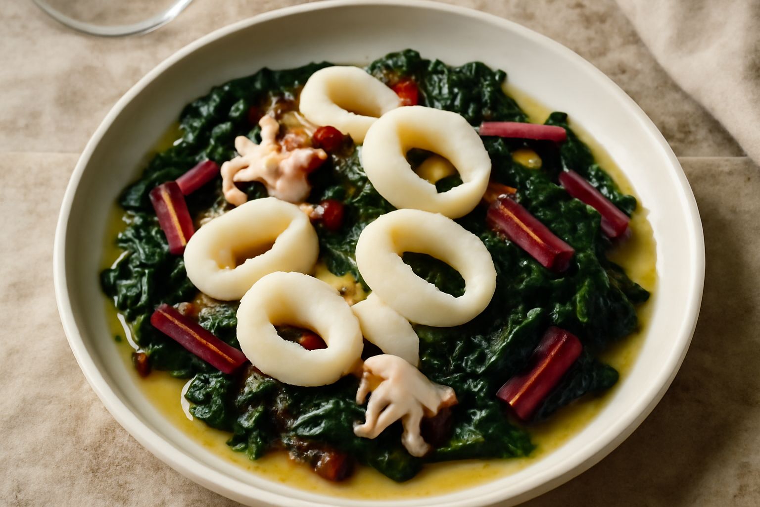 Piatto di seppie tagliate a strisce con bietole appassite di colore rosso scuro e verde intenso, condite di olio d'oliva, su fondo bianco