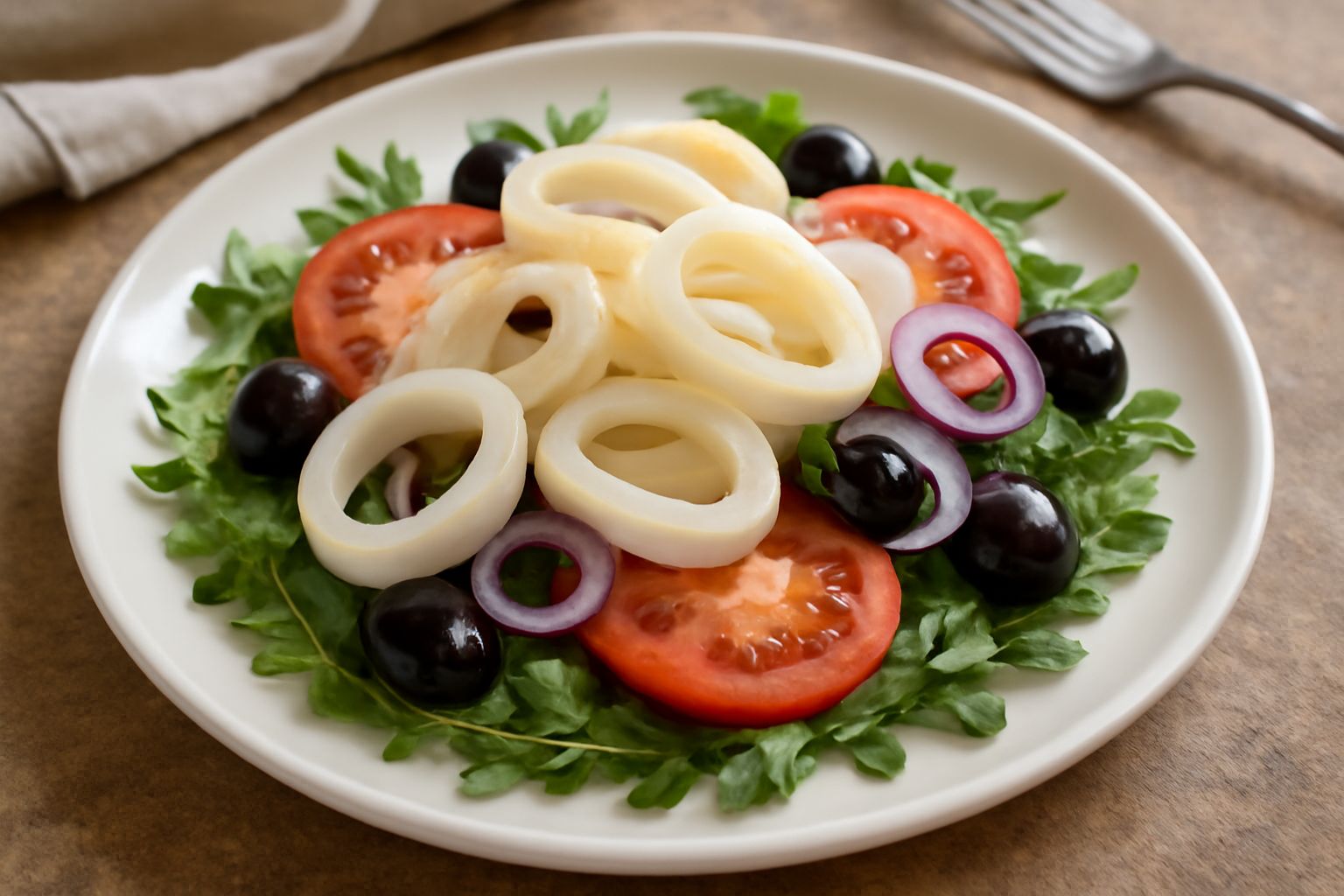 Piatto bianco con seppie bianche tagliate a anelli su letto di rucola verde, pomodori rossi, olive nere e un filo di olio d'oliva giallo, servito con limone affettato