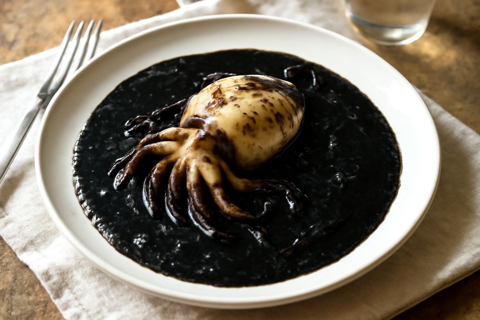 Piatto bianco con seppie in nero, corpo e tentacoli scuri immersi in sugo nero cremoso, servite con pane tostato ai lati, fettuccia di prezzemolo fresco sulla superficie