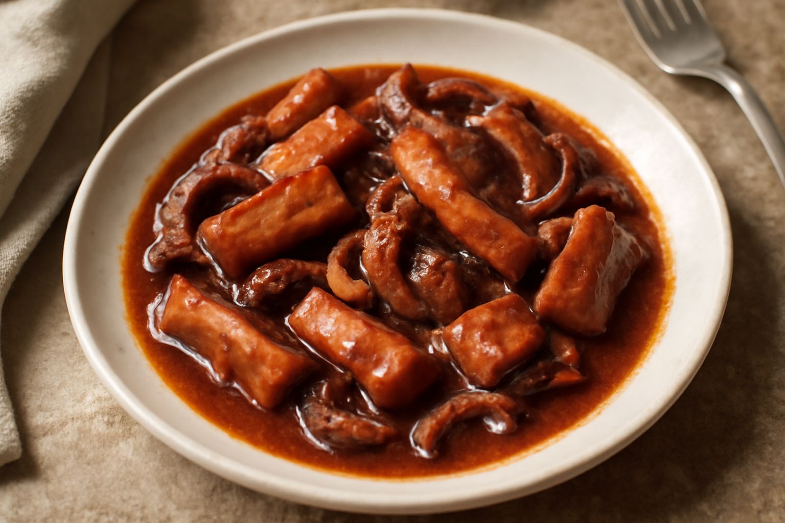 Seppie in umido in una ciotola bianca di ceramica, pezzi morbidi di seppia ricoperti di sugo marrone scuro con riflessi rossi, pomodoro visibile nel sugo denso, prezzemolo fresco verde sparso in super